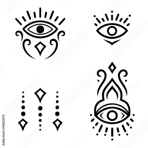 Eye and flower. Set of decorative elements in the oriental mehndi style for laser and plotter cutting, embossing, engraving, printing on clothing. Symbols to protect against the evil eye.