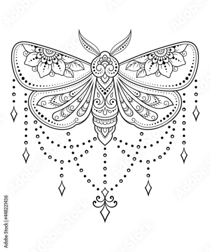 Moth decorated with Indian ethnic floral vintage pattern. Hand drawn decorative insect in doodle style. Stylized mehndi ornament for tattoo, print, design for room, cover, book and coloring page.