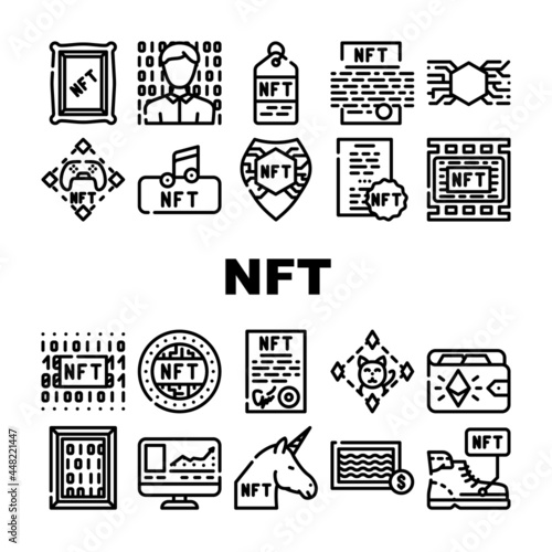 Nft Digital Technology Collection Icons Set Vector. Nft Cryptocurrency Coin And Blockchain, Payment For Games And Buying Goods On Auction Black Contour Illustrations