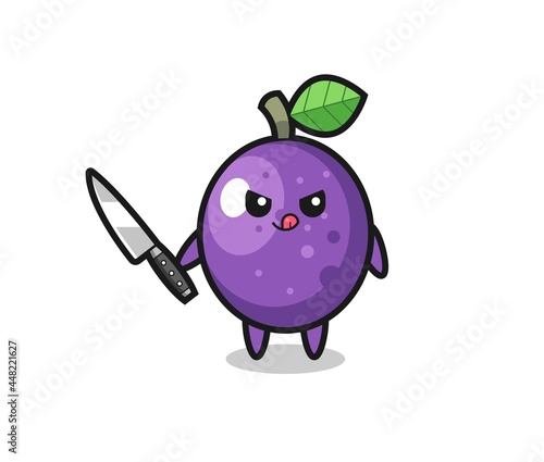 cute passion fruit mascot as a psychopath holding a knife