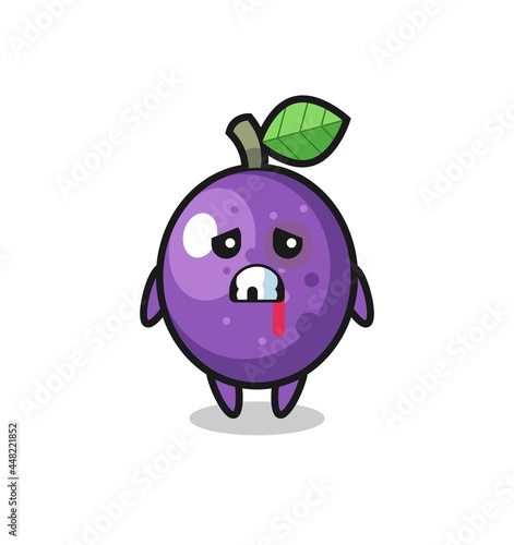 injured passion fruit character with a bruised face