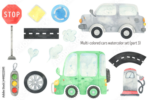 Watercolor cute car set. Baby boy transport car, trucks, auto, road  taxi, cartoon car illustrations. Vehicles colorfull, signs, gas station, wheel, steering wheel. Beep beep traffic. Nursery decor photo