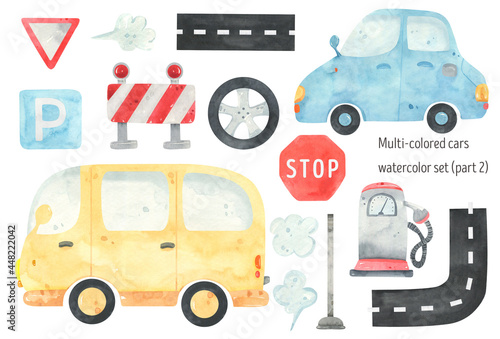 Fotografie Watercolor cute car set