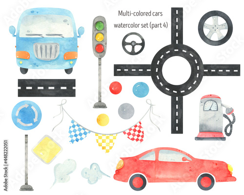Watercolor cute car set. Baby boy transport, bus,  auto, sportcar, road cartoon car illustrations. Vehicles colorfull, signs, gas station, wheel, steering wheel. Beep beep traffic. Nursery decor