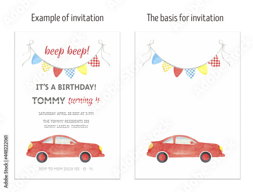 Canvas Print Watercolor sportcar invitation card, layout