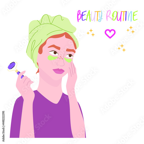 Young woman cares for the skin on a white background. Vector illustration.