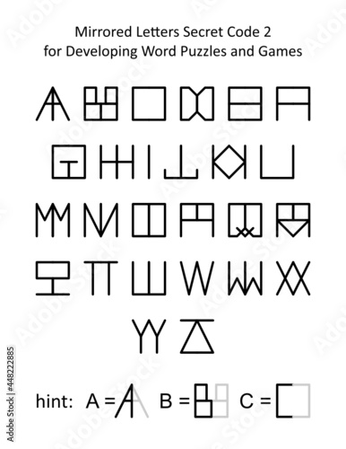 Mirrored letters secret code 2 for developing word puzzles and word games for kids and adults. Full alphabet set (English language) with hint.