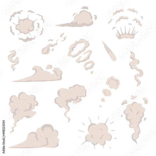 Vector smoke set special effects template. Cartoon steam clouds, puff, mist, fog, watery vapour or dust explosion.