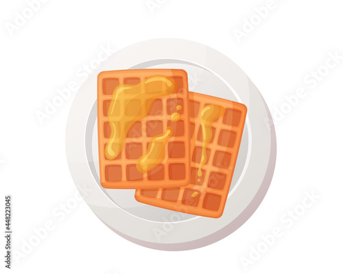 Belgian waffles in cartoon style on a plate. Isolated on white background. Breakfast
