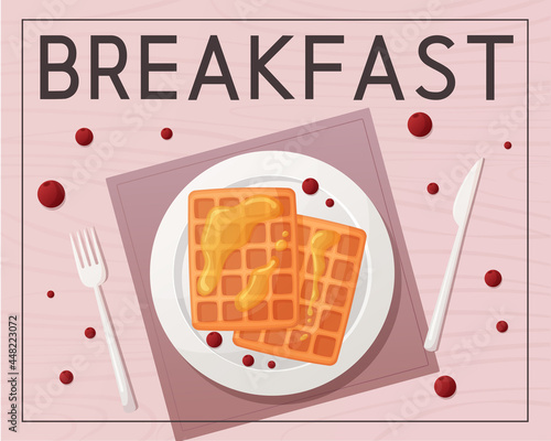 Breakfast banner vector illustration. Belgian waffles in cartoon style. Poster top view
