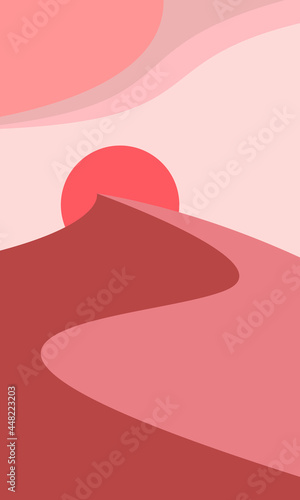 Пустыня рисунок в стиле бохо. Abstract background with landscape, sun, desert, sand dunes. Boho style wall decor.