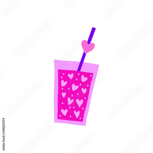 Doodle drink in glass with hearts and straw