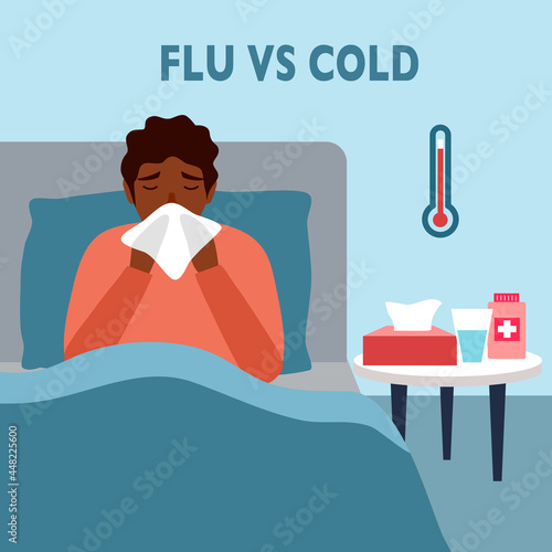 African man suffering from flu in bed under blanket. Black guy has fever. Flu or cold allergy symptom cartoon. Influenza treatment concept vector illustration.