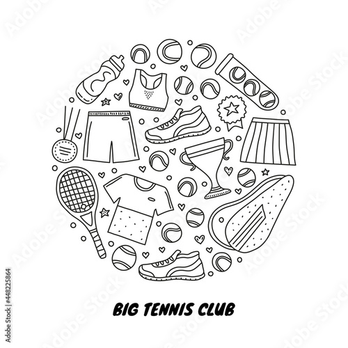 Doodle big tennis and sport items in circle.