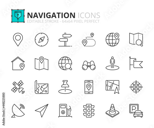 Simple set of outline icons about navigation. Technology concept.