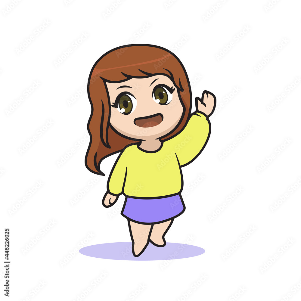 chibi kawaii girl waving hand pose