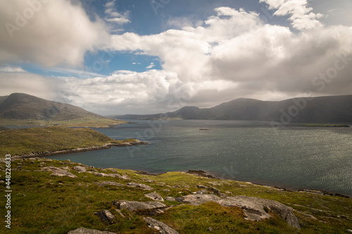 A summer 3 shot HDR image of West Loch Tarbert, Loch a Siar, from Aird am Tolmachain, Isle of Harris, Western Isles, Scotland