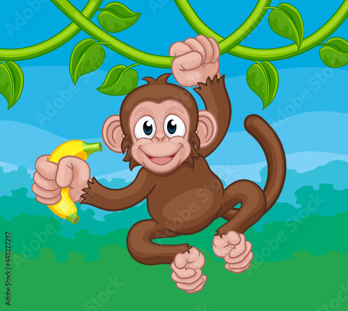 Monkey Singing On Jungle Vines With Banana Cartoon