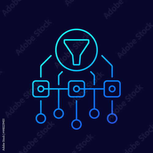 Data filtering line icon with funnel, vector