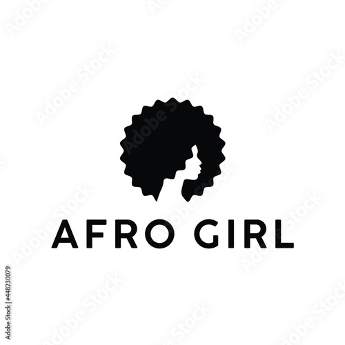 young African American beauty girl round afro hair stylist logo design vector