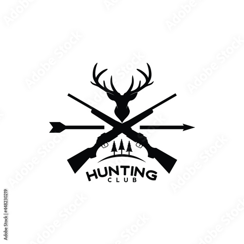 horned deer antler stag doe buck with crossed riffle and arrow hunting logo design vector illustration