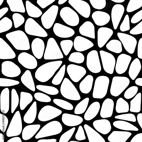 Seamless vector pattern.
Black and white geometric texture. Rounded pebble, voronoi design background.