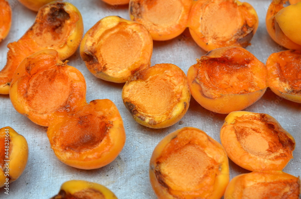 Apricots are laid on an aluminum sheet and dried in the sun. Apricots are laid on an aluminum sheet and dried in the sun.