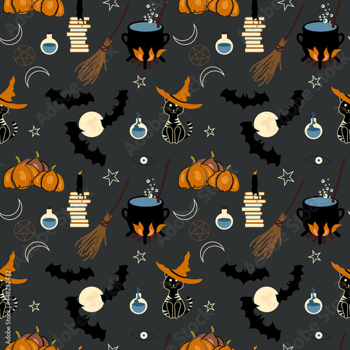 Halloween seamless pattern, background design with witch craft icons broom, cauldron, magic books, potions, pumpkins. candle, and cute cat