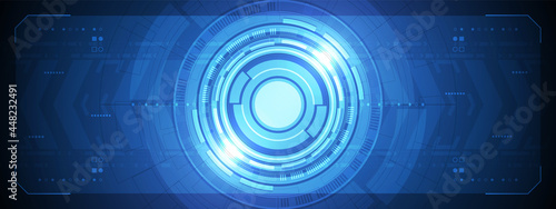 Abstract overlap circle digital, interface technology, smart lens with light effect and circuit board, arrow speed up background