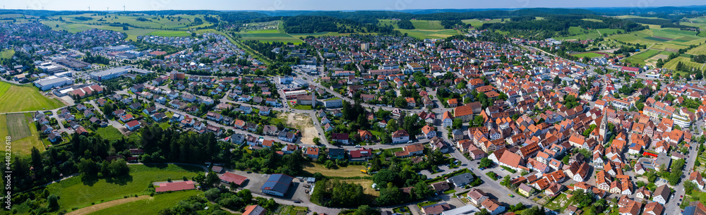 Aerial view of the city Münsingen in Germany on a sunny day in Spring