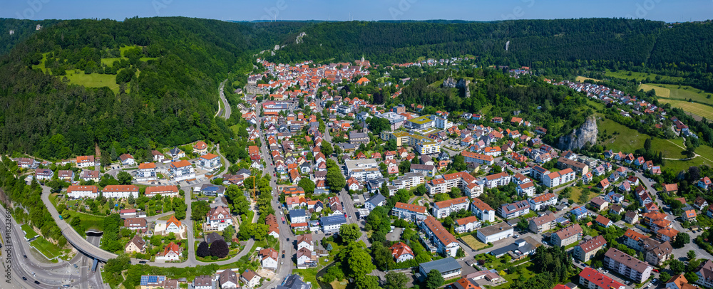 Aerial view of the city Blaubeuren in Germany on a sunny spring afternoon.