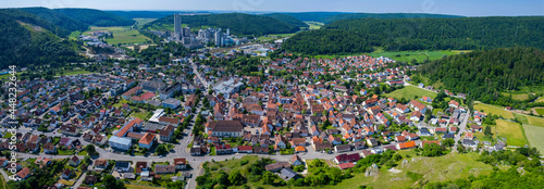 Aerial view of the city Schelklingen in Germany on a sunny day in Spring