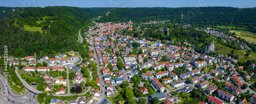 Aerial view of the city Blaubeuren in Germany on a sunny spring afternoon.