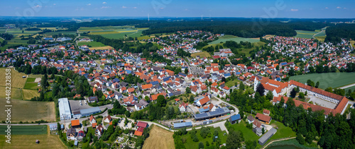 Aerial view of the city and abbey Thierhaupten in Germany, Bavaria on a sunny high noon spring day