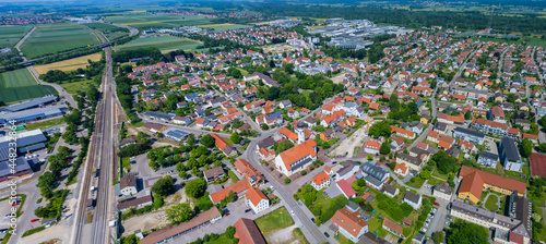 Aerial view of the city Meitingen in Germany, Bavaria on a sunny afternoon spring day