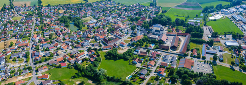 Aerial view of the city Kühlbach in Germany, Bavaria on a sunny afternoon spring day