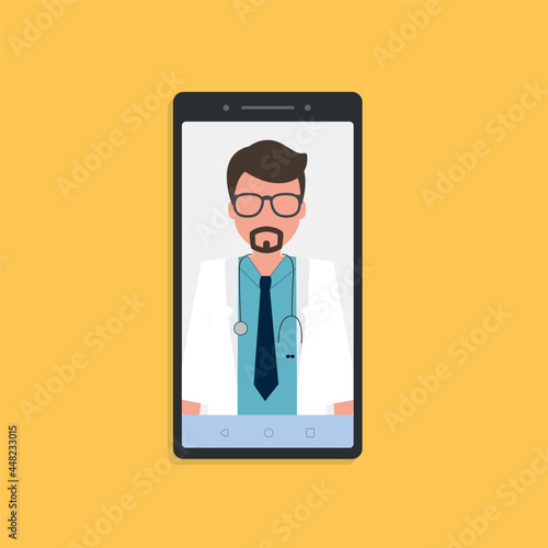 Online doctor consultation on the phone, yellow background. Stock vector