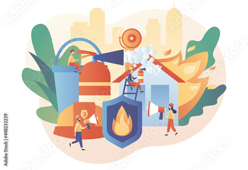 Fire prevention technologies. Fire protection. Fire Alarm. Tiny people firefighters extinguishing flame. Rescuer. Modern flat cartoon style. Vector illustration on white background