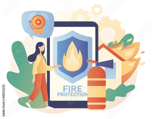 Tiny woman with fire prevention smartphone app. Fire protection concept. Fire Alarm online. Firefighters rescuer. Modern flat cartoon style. Vector illustration on white background