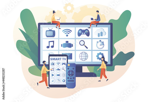 Smart TV, remote controland and menu in smartphone app. Modern television technology.Tiny people watch video, content, applications on multimedia box tv. Modern flat cartoon style. Vector illustration