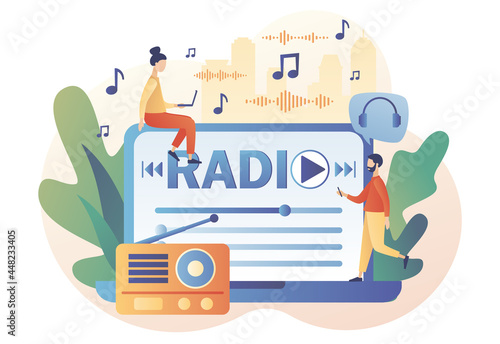 Tiny people listening Radio On-air on laptop. Boombox, audio, music, talk show, interviews of guest online. Retro old radio. Modern flat cartoon style. Vector illustration on white background