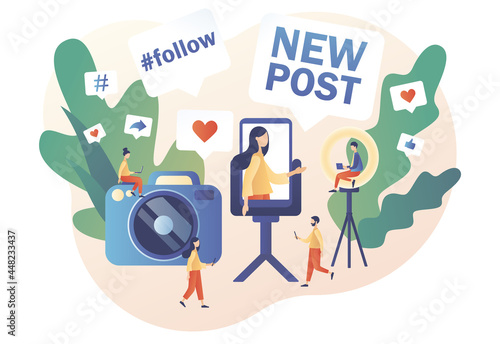 Blogger creating photo and video content, writes new post for social media networks. Blogging concept. Influencer marketing. SMM. Modern flat cartoon style. Vector illustration on white background