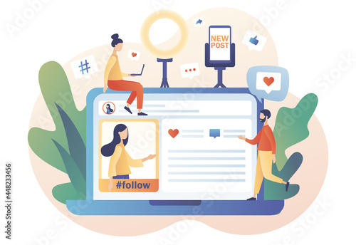 New post photo and video content. Tiny people follow blogger in social media networks. Blog concept. Influencer marketing. SMM. Modern flat cartoon style. Vector illustration on white background