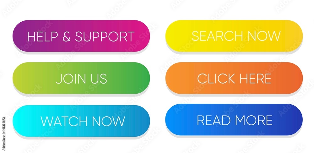 Set of vector modern material style buttons. Different gradient colors and icons on white forms with shadows. Set of vector modern material style buttons. Different gradient colors and icons on white forms with shadows.
