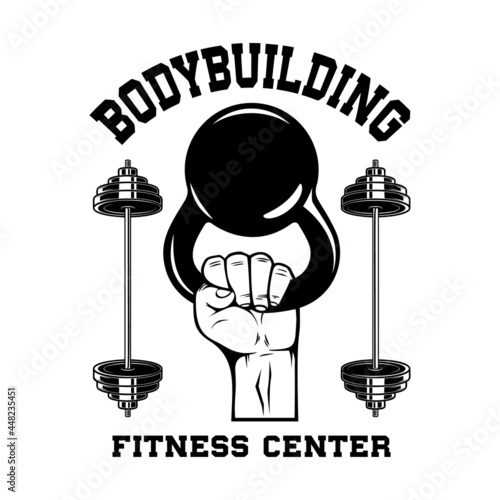 Bodybuilding. Emblem template with hand with kettlebell