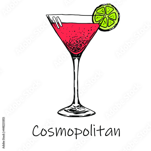 Cosmopolitan cocktail. Engraving. Hand drawn drink for bar and pub. Stock vector illustration.