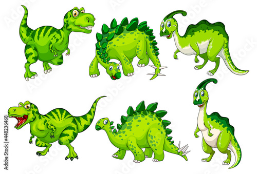 Fototapeta Naklejka Na Ścianę i Meble -  Set Green Dinosaur Cartoon Character