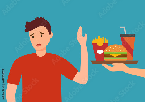 Man dieting and refuse junk food in flat design. Stop eating unhealthy or fast food for good health.
