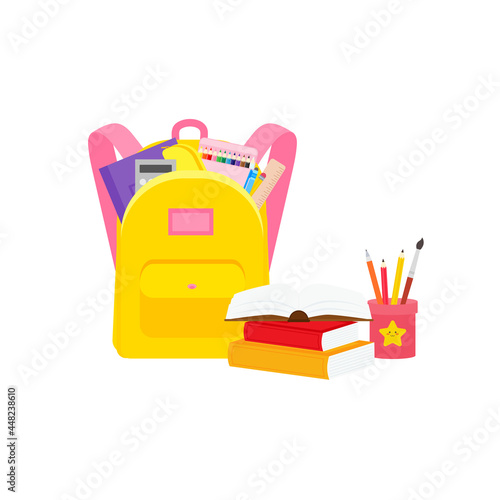 classroom school supplies stationery, pencil case, pen, pile of books, photorealistic literature,notebook, notebook textbook,school bag,Palettes and brushes in art,colored pencils. vector illustration