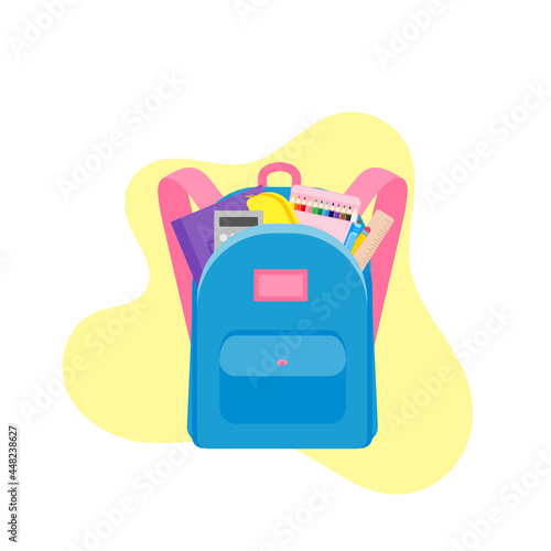 classroom school supplies stationery, pencil case, pen, pile of books, photorealistic literature,notebook, notebook textbook,school bag,Palettes and brushes in art,colored pencils. vector illustration